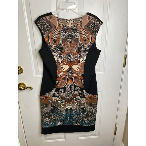 CB established 1962 14 EUC Womens Black Print Cap Sleeve Sheath Midi Dress - Picture 5 of 5